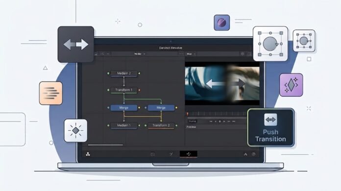 e41e1ead-430c-4754-8298-6002430c Ilustrasi push transition di DaVinci Resolve Fusion dengan dua transform, keyframe, motion blur, dan transisi dorong sinematik