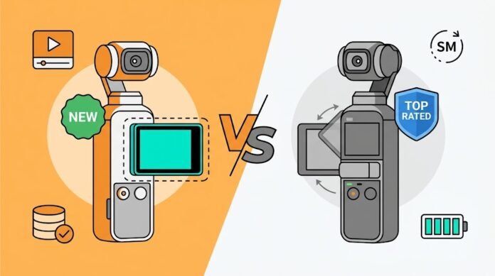 e49dac50-d463-4961-ad87-021a96d0 Ilustrasi perbandingan Insta360 Luna Pro vs DJI Osmo Pocket 4, dua kamera gimbal saku untuk content creator