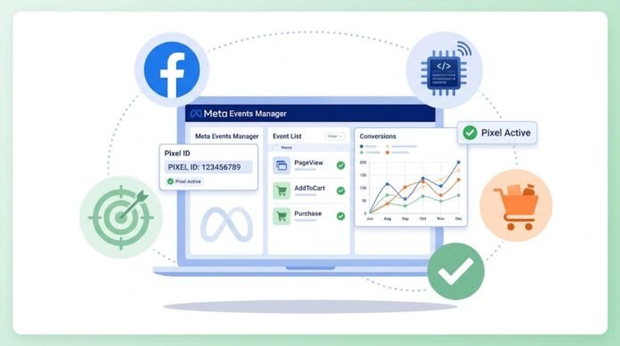 e59d255e-433f-4eb4-b43f-1c8cd0e9 Ilustrasi setup Meta Pixel di WordPress dengan Events Manager, tracking konversi, retargeting, dan verifikasi pixel