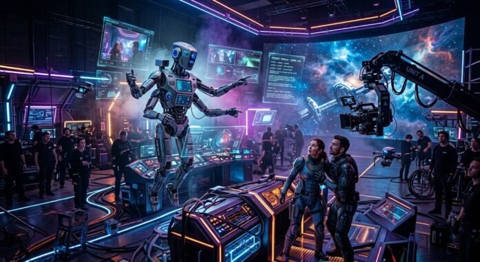 Ilustrasi set film futuristik dengan sutradara AI, mencerminkan revolusi teknologi yang mengubah cara film diproduksi di 2026