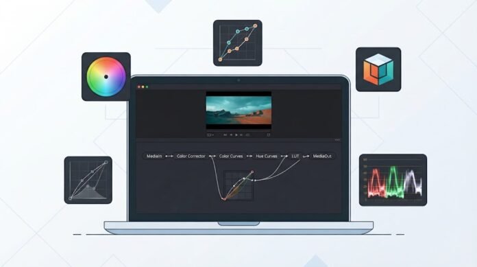 e5da2dc9-018b-45dc-80e5-5834e817 Ilustrasi color grading di DaVinci Resolve Fusion dengan Color Corrector, Curves, Hue Curves, LUT, dan scopes