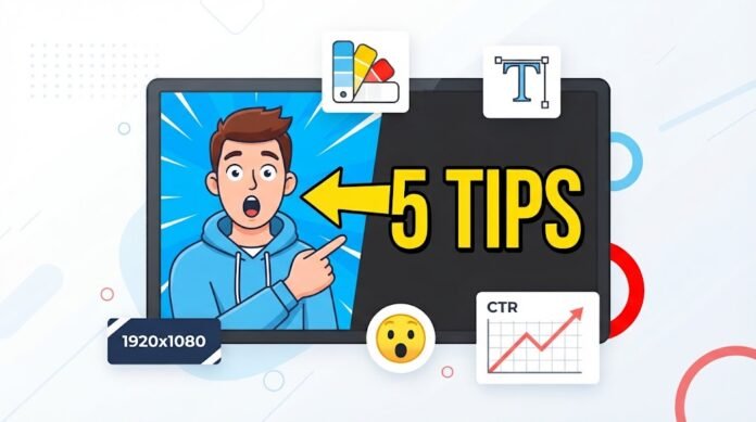 e893c23e-4f64-4eab-8b3a-c7a7a6a0 Ilustrasi desain thumbnail YouTube menarik dengan wajah, teks tebal, warna kontras, dan CTR tinggi