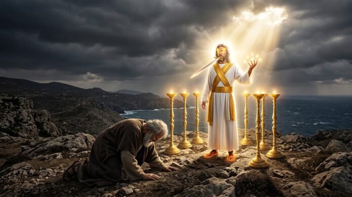 ead6c0f6-0a8e-4498-b9aa-6cc052fa elderly apostle John kneeling in awe before glorified Christ standing among seven golden lampstands