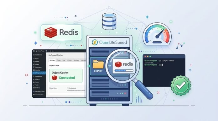 eb19e849-6c50-4afb-b57d-c3d4b981 Ilustrasi setup Redis Object Cache di OpenLiteSpeed dengan LSPHP, LiteSpeed Cache, dan terminal