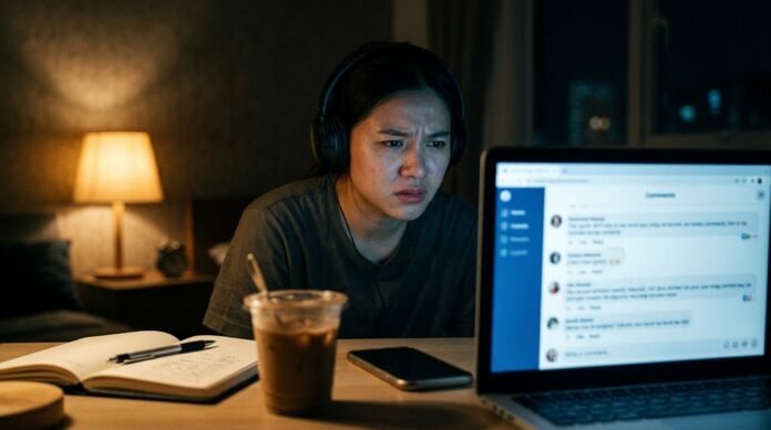 eb80f4f4-fa52-4854-980c-8c3fca1e Foto sinematik content creator menatap layar laptop dengan ekspresi sedih, menghadapi komentar negatif di media sosial