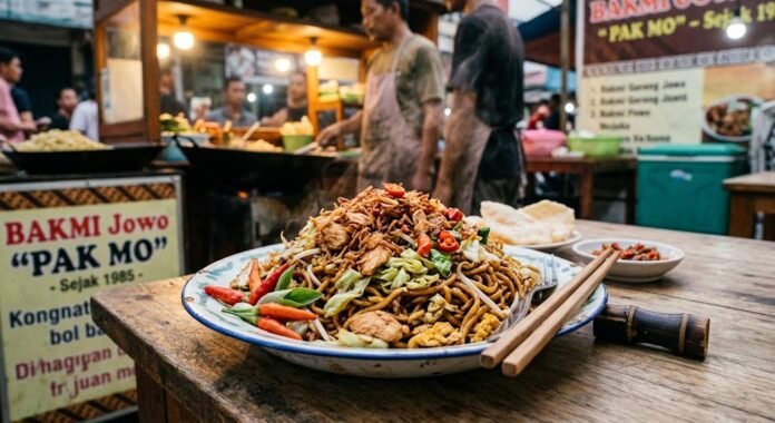 eca05af7-6e16-4f15-bee2-9c416492 Mie goreng Jawa dengan bumbu pedas dan taburan bawang goreng, disajikan hangat siap santap