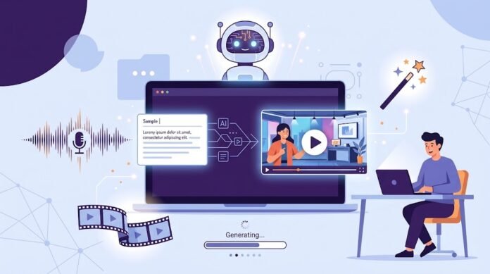 f32a2f0f-a33b-4460-80cf-1f567d0d Ilustrasi content creator membuat video dengan AI, dari teks menjadi klip video, avatar AI, dan voice-over