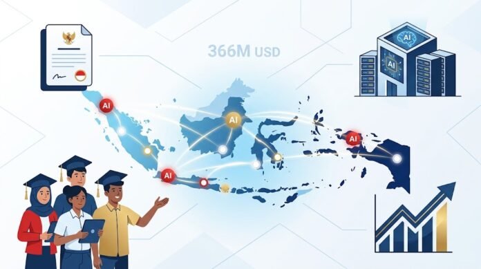 f3ea409c-e63c-46c9-bf76-2abb8ceb Ilustrasi masa depan AI Indonesia dengan peta digital, infrastruktur, talenta muda, dan proyeksi ekonomi 366 miliar dolar