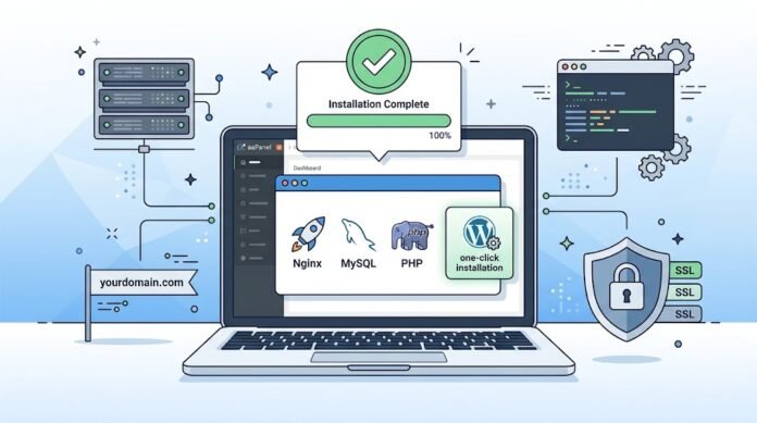 f8e6ac2e-1b41-48af-97cd-35137644 Ilustrasi instalasi WordPress di VPS dengan aaPanel, stack LNMP, one-click install, dan konfigurasi server