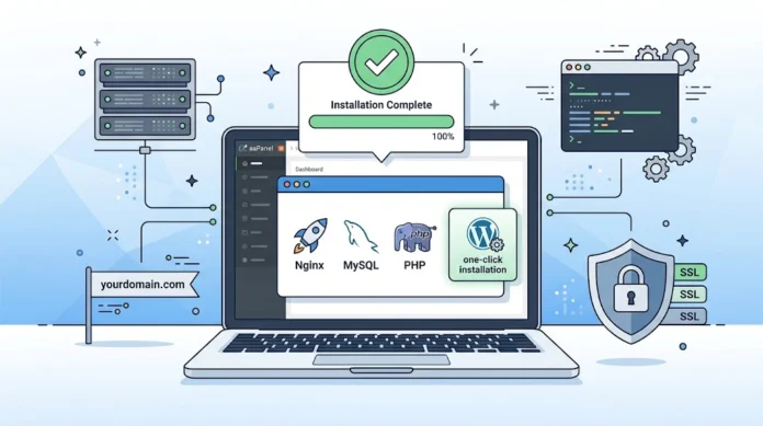 f8e6ac2e-1b41-48af-97cd-35137644 Ilustrasi instalasi WordPress di VPS dengan aaPanel, stack LNMP, one-click install, dan konfigurasi server