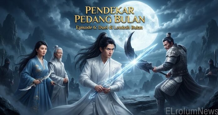 Yue Ming bertarung dalam duel menentukan di Lembah Bulan, sementara Lian Yue dan Guru Bulan mengawasi