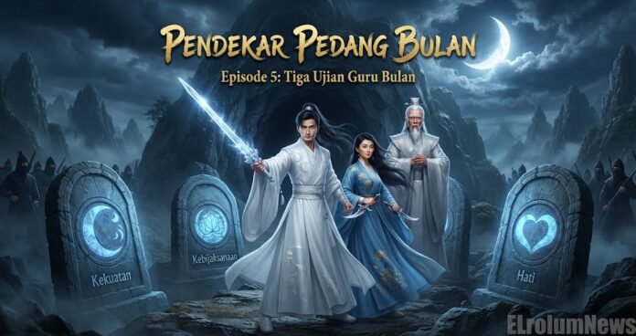 Yue Ming dan Lian Yue berdiri di depan tiga gerbang ujian Guru Bulan, sementara pasukan Sekte Bulan Gelap mengintai