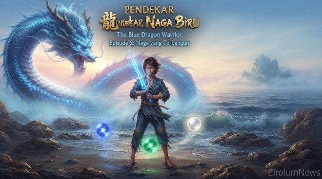 smdgdsgdgc569e951-46f4-474a-b793-2d209477 (1) Arun berlatih dengan Pedang Naga Biru, dikelilingi tiga pusaka laut, sementara Naga Biru mengawasi dari balik kabut.