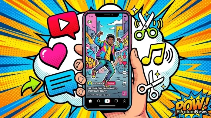 Ilustrasi pop-art smartphone dengan video vertikal dan elemen media sosial
