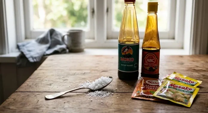Satu sendok teh garam, kecap manis, dan bumbu instan, sumber natrium yang kerap tidak disadari dalam masakan sehari-hari