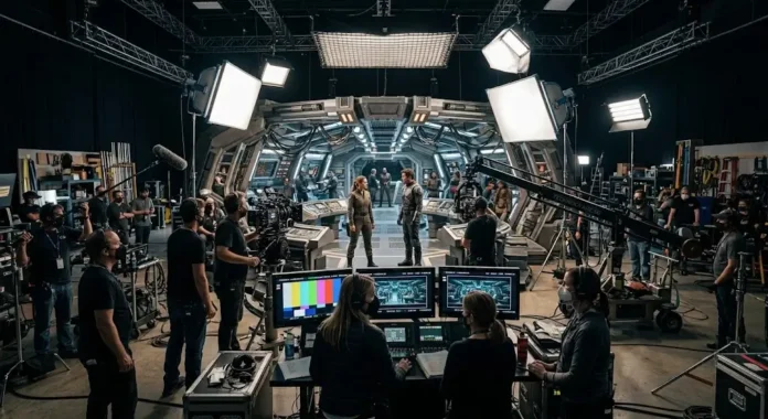 Proses produksi film blockbuster di set dengan kru dan peralatan lengkap, mencerminkan kompleksitas pembuatan film terbesar tahun 2026.