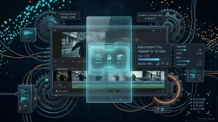Ilustrasi layered glass Adjustment Clip DaVinci Resolve dengan timeline