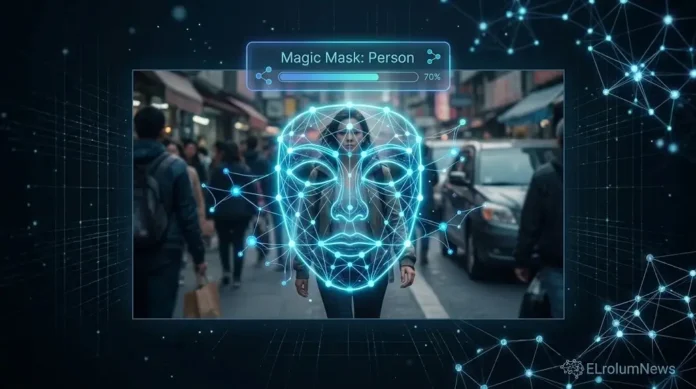 Ilustrasi AI neural network Magic Mask di DaVinci Resolve dengan mask cyan