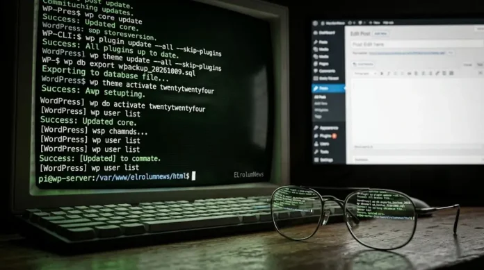Foto close-up terminal dengan perintah WP-CLI, kacamata di meja