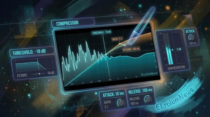 Ilustrasi dynamic range graph Compressor DaVinci Resolve Fairlight dengan kurva kompresi