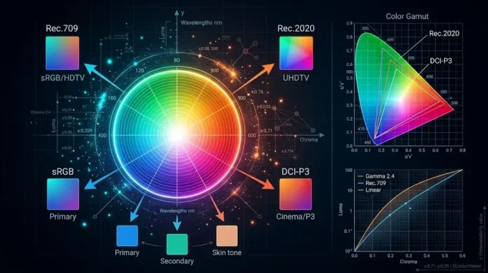 Ilustrasi ilmiah color management DaVinci Resolve dengan spektrum warna
