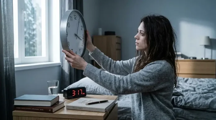 4e26f45c-e14d-45fb-81c4-7e373e46 (1) Seseorang menyesuaikan jam dinding di kamar tidur yang tenang, menggambarkan upaya memperbaiki jadwal tidur yang berantakan.
