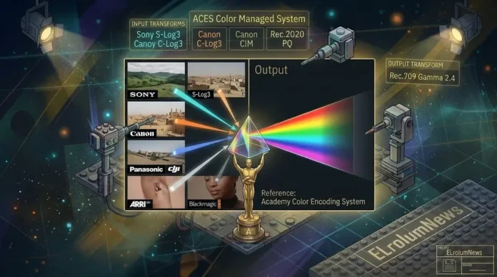 Ilustrasi cinematic ACES DaVinci Resolve dengan patung emas dan spektrum warna