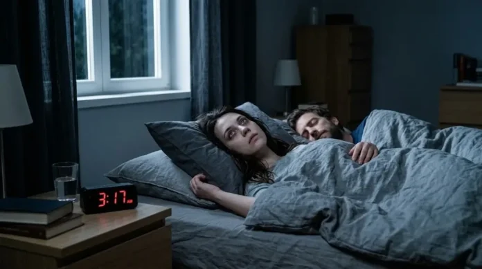 50ea80cb-a5d4-423c-a12a-432c0a9f (1) Seseorang terbaring terjaga di tempat tidur pada pukul tiga pagi, menggambarkan pengalaman umum terbangun tengah malam dan kesulitan tidur kembali.