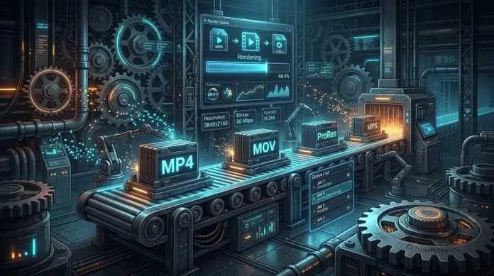 Ilustrasi industri Render Queue DaVinci Resolve dengan conveyor belt, progress bar
