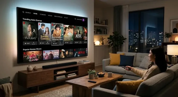 Tampilan aplikasi Netflix dengan deretan drama Asia, mencerminkan dominasi konten Asia di platform streaming global di 2026