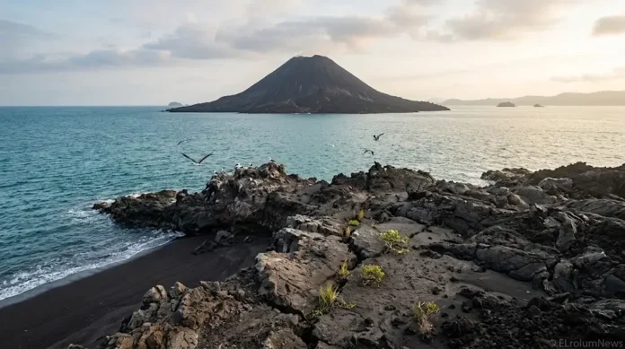 Daratan baru di sekitar Gunung Anak Krakatau terbentuk setelah aktivitas erupsi, membuka kemungkinan bagi proses panjang kolonisasi kehidupan dan suksesi ekologis.