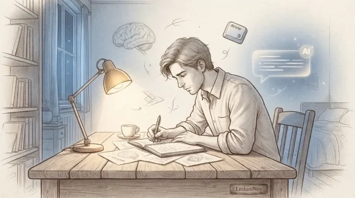 6a8d9882-c7bb-44bb-994d-985c20e0 (1) Ilustrasi line art penulis di meja kayu dengan elemen AI yang memudar