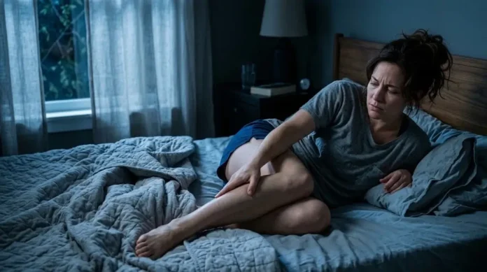 Seseorang berbaring di tempat tidur pada malam hari sambil memijat betisnya, menggambarkan ketidaknyamanan yang khas dari restless legs syndrome.