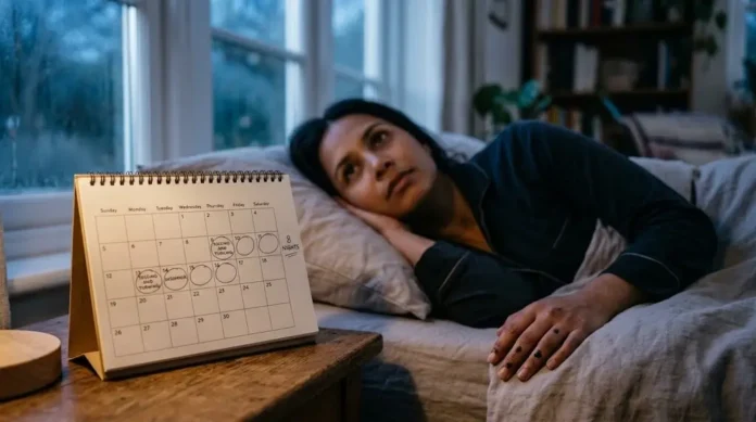 Seseorang terbaring terjaga di tempat tidur dengan kalender di meja samping yang menunjukkan berapa lama ia mengalami kesulitan tidur, menggambarkan perbedaan insomnia akut dan kronis
