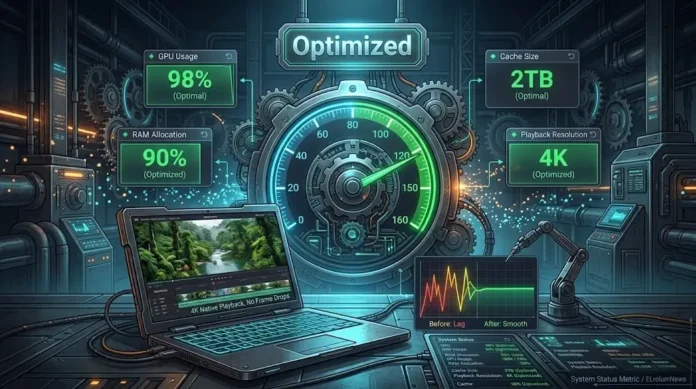 Ilustrasi performance dashboard optimasi DaVinci Resolve dengan speedometer