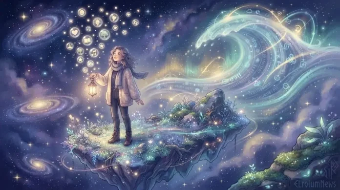 Ilustrasi surealis content creator di pulau melayang dengan lentera dan bola cahaya