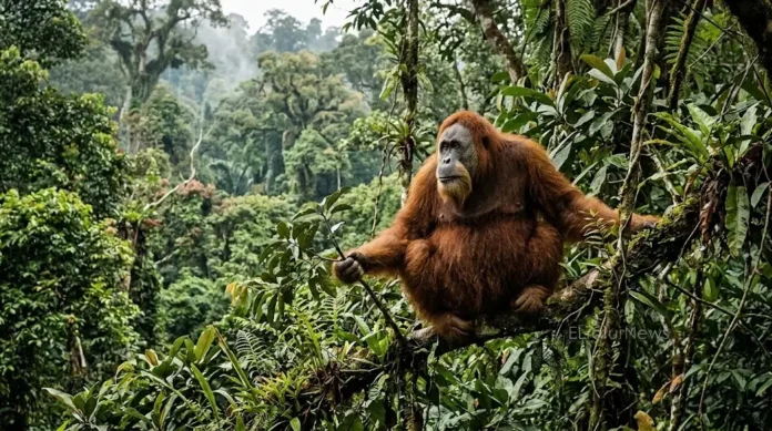 8612b309-59a1-4065-9dd6-e1dcb924 (1) Orangutan Tapanuli (Pongo tapanuliensis) di habitat hutan Batang Toru, Sumatra Utara. Survei ilmiah terbaru memperkirakan populasinya sekitar 716 individu di alam liar.