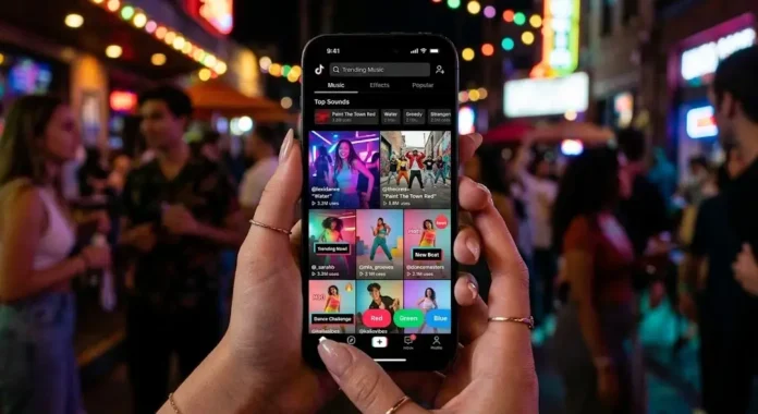 Tampilan aplikasi TikTok dengan antarmuka musik trending, mencerminkan peran platform ini dalam menentukan lagu-lagu viral di 2026