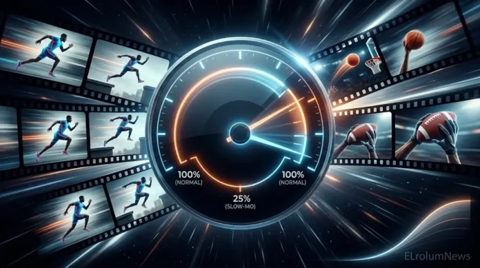 Ilustrasi sinematik speed ramp dengan speedometer, kurva kecepatan, dan strip film aksi