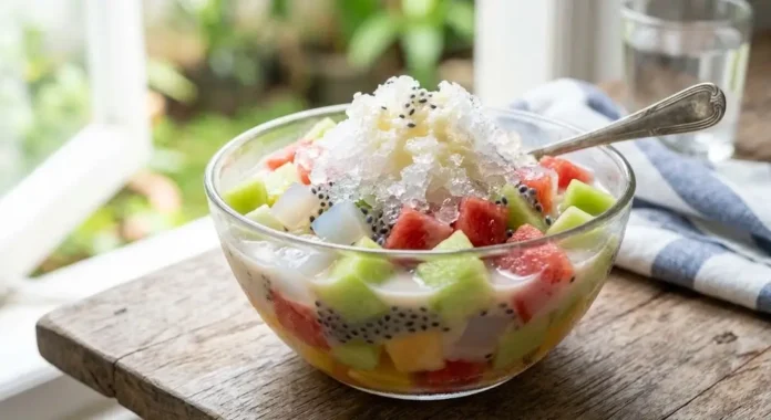 Es buah dengan potongan melon, semangka, dan nata de coco dalam kuah susu manis dingin