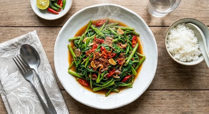 Tumis kangkung terasi dengan warna hijau segar dan sambal terasi yang gurih pedas