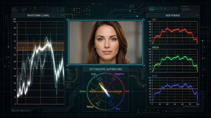 Ilustrasi scopes DaVinci Resolve dengan waveform, vectorscope, parade