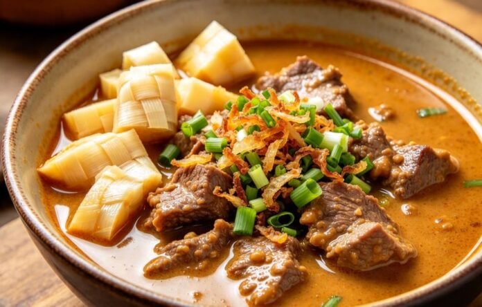 Coto Makassar Coto Makassar dengan kuah kental cokelat khas, disajikan bersama ketupat sebagai pendamping