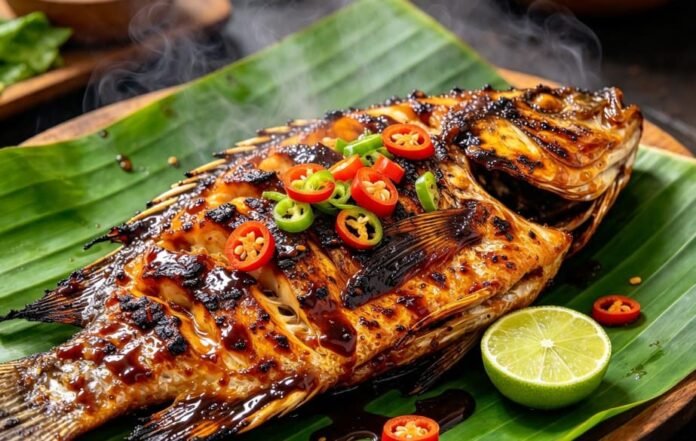 Ikan bakar kecap pedas dengan lapisan bumbu mengilap dan jejak panggangan khas.