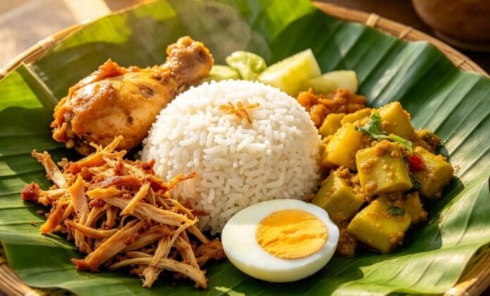 Nasi liwet Solo dengan nasi gurih santan, ayam suwir, dan sayur labu siam di atas daun pisang.