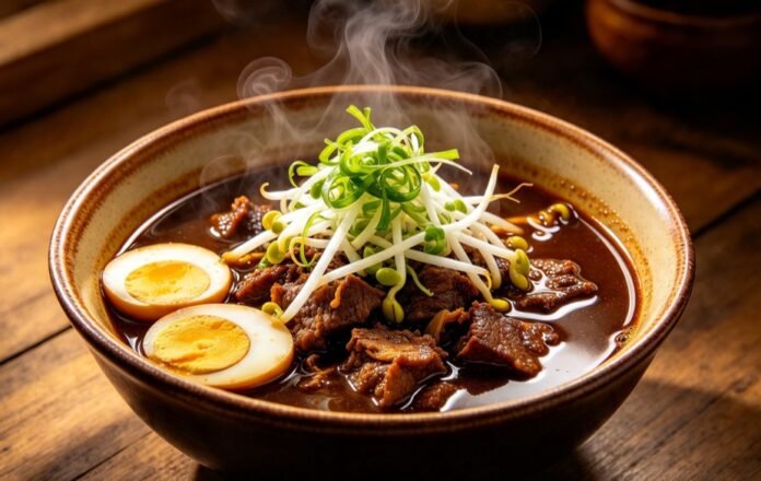 Rawon Semangkuk rawon dengan kuah hitam pekat khas, disajikan bersama tauge dan telur asin.