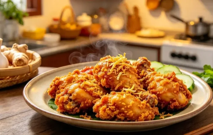 Ayam goreng lengkuas dengan lapisan bumbu rempah yang menempel renyah di permukaan ayam