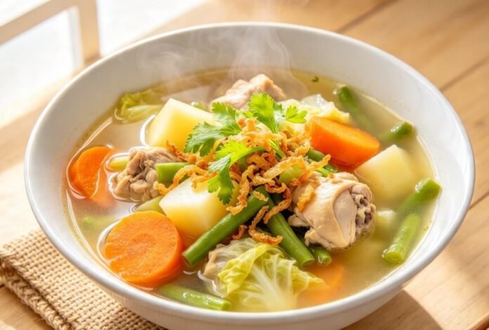 Resep Sayur Sop Ayam Bening (1) Sayur sop ayam berkuah bening dengan wortel, kentang, dan kol, disajikan hangat bersama taburan bawang goreng