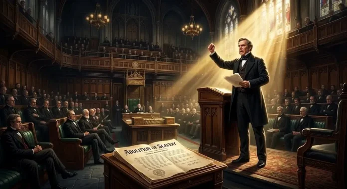 Ilustrasi - William Wilberforce berdiri di ruang Parlemen Inggris, berbicara dengan penuh semangat tentang penghapusan perbudakan, diterangi cahaya keemasan dari jendela tinggi, melambangkan perjuangan panjangnya yang penuh iman dan ketekunan