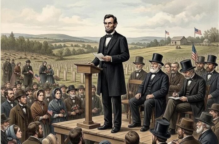 Ilustrasi editorial berbantuan AI -Abraham Lincoln menyampaikan Gettysburg Address di Gettysburg, Pennsylvania, pada 1863.